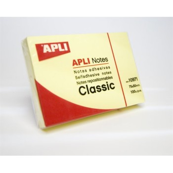 Öntapadó jegyzettömb, 50x75 mm, 100 lap, APLI "Classic", sárga